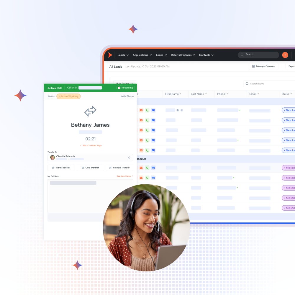 Shape AI calling: an active call panel with recording, call timer and warm, cold or no-hold transfer options to another rep, plus call notes, shown over the all-leads pipeline.