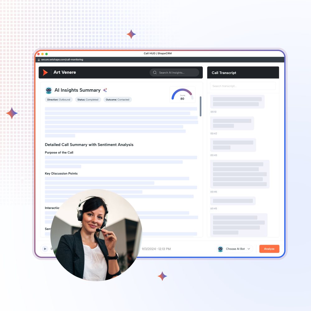 Shape AI insights: a call monitoring view with an AI insights summary scoring the call, listing purpose, key discussion points and sentiment analysis, next to a searchable timestamped call transcript.