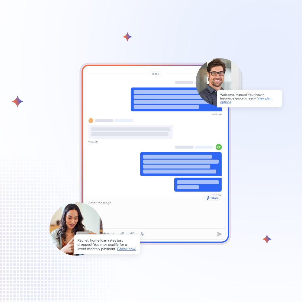 Shape AI texting: a two-way message thread with a token-enabled composer, alongside examples of personalised outbound texts telling one contact their insurance quote is ready and another that home loan rates have dropped.