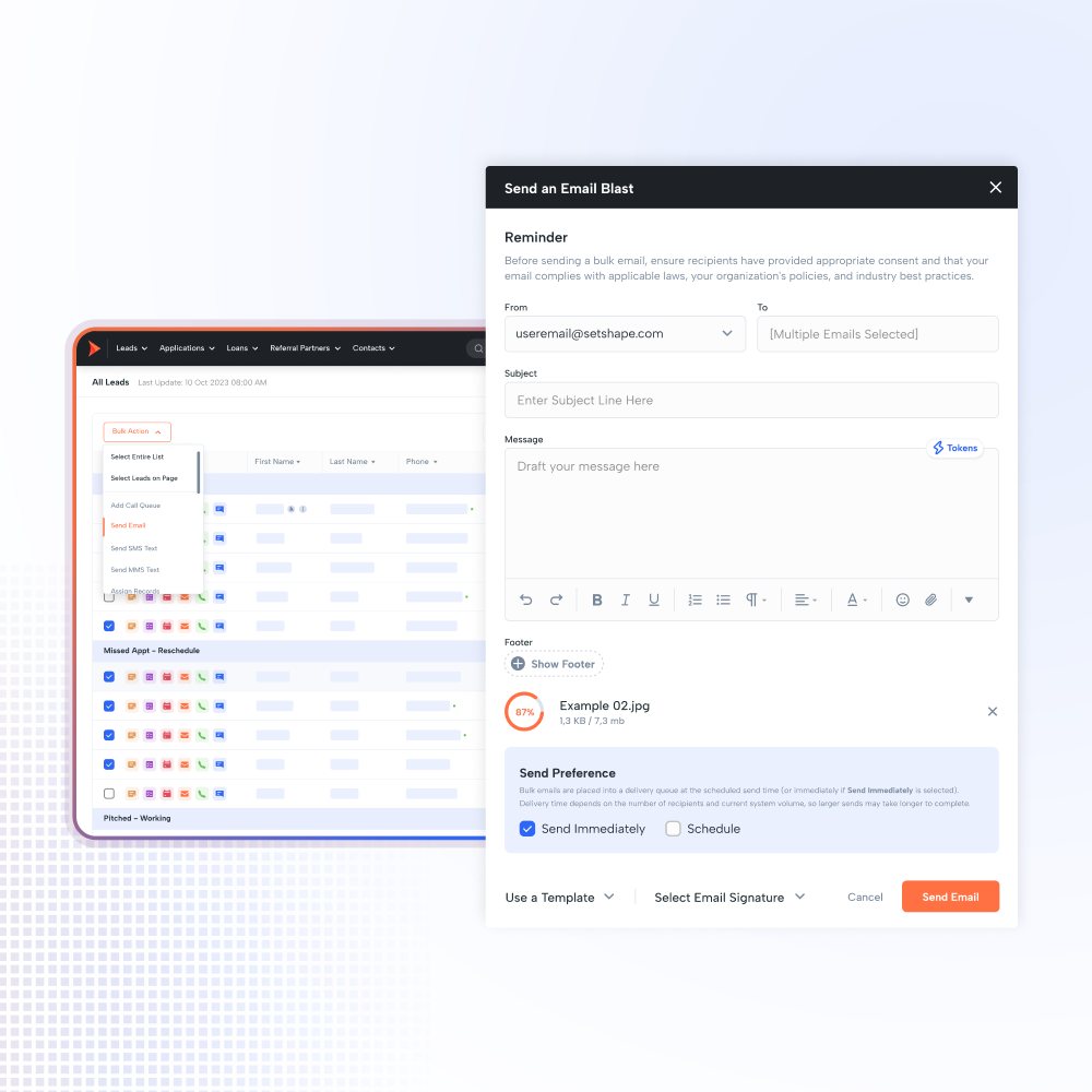 Shape bulk messaging: a Send an Email Blast composer with from and recipient fields, subject, rich text body, attachment, template and signature pickers and a send-immediately or schedule preference, launched from a bulk action on a selected lead list.