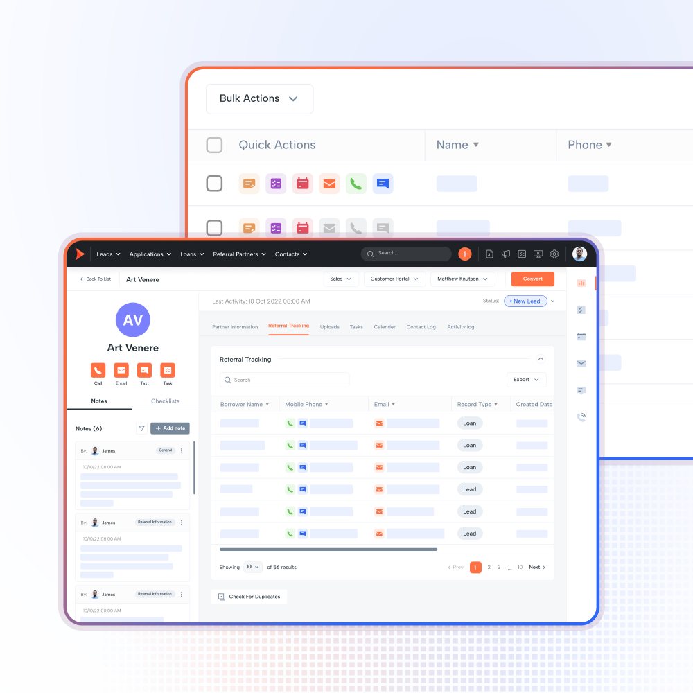 Shape contact management: a contact record for Art Venere with call, email, text and task shortcuts, a notes panel, and a Referral Tracking tab listing linked borrower records, shown over a leads list with bulk and quick actions.