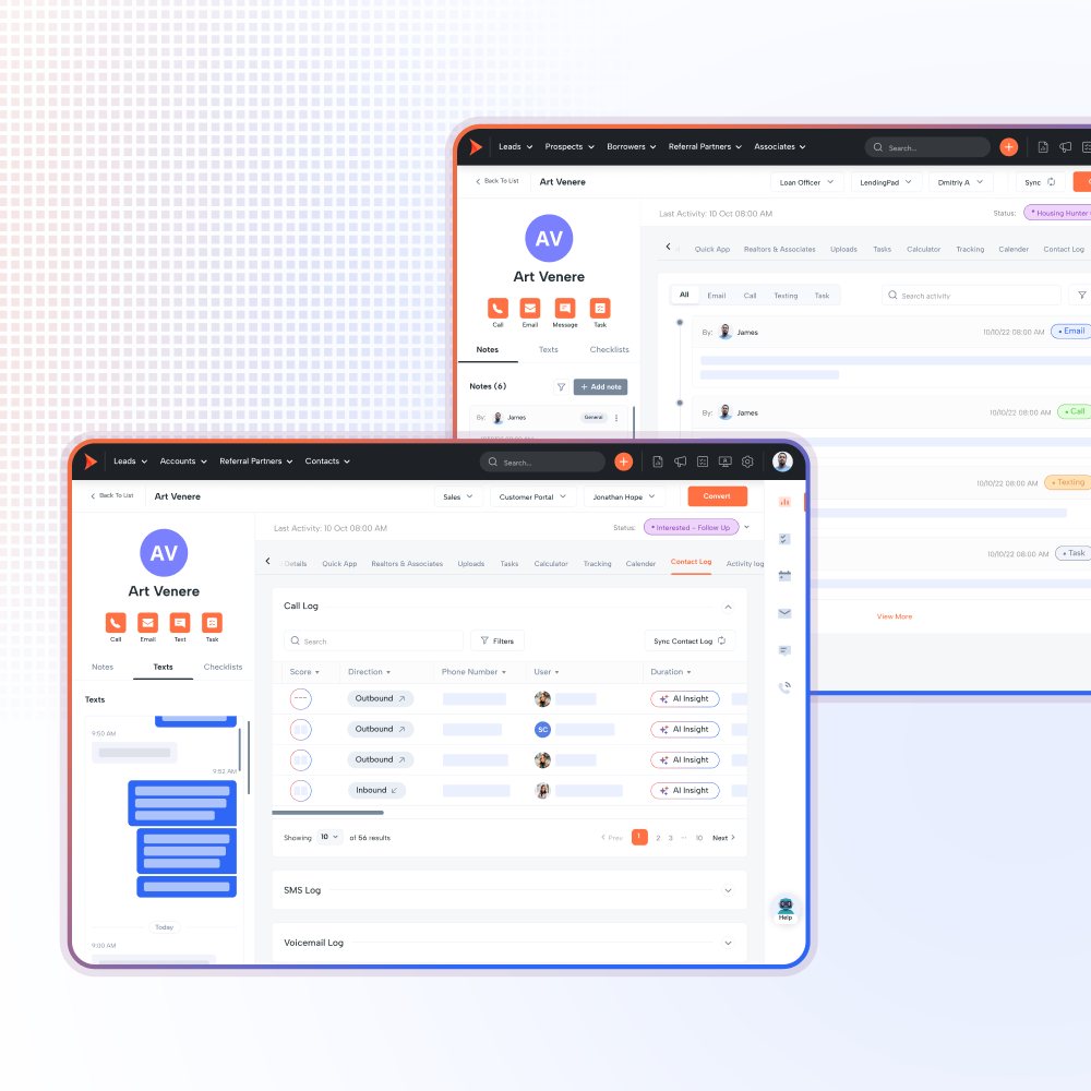Shape customer timeline: a contact record for Art Venere showing a call log with direction, duration and AI insight per call, collapsible SMS and voicemail logs, a texting thread, and a combined activity feed filtered by email, call, text and task.