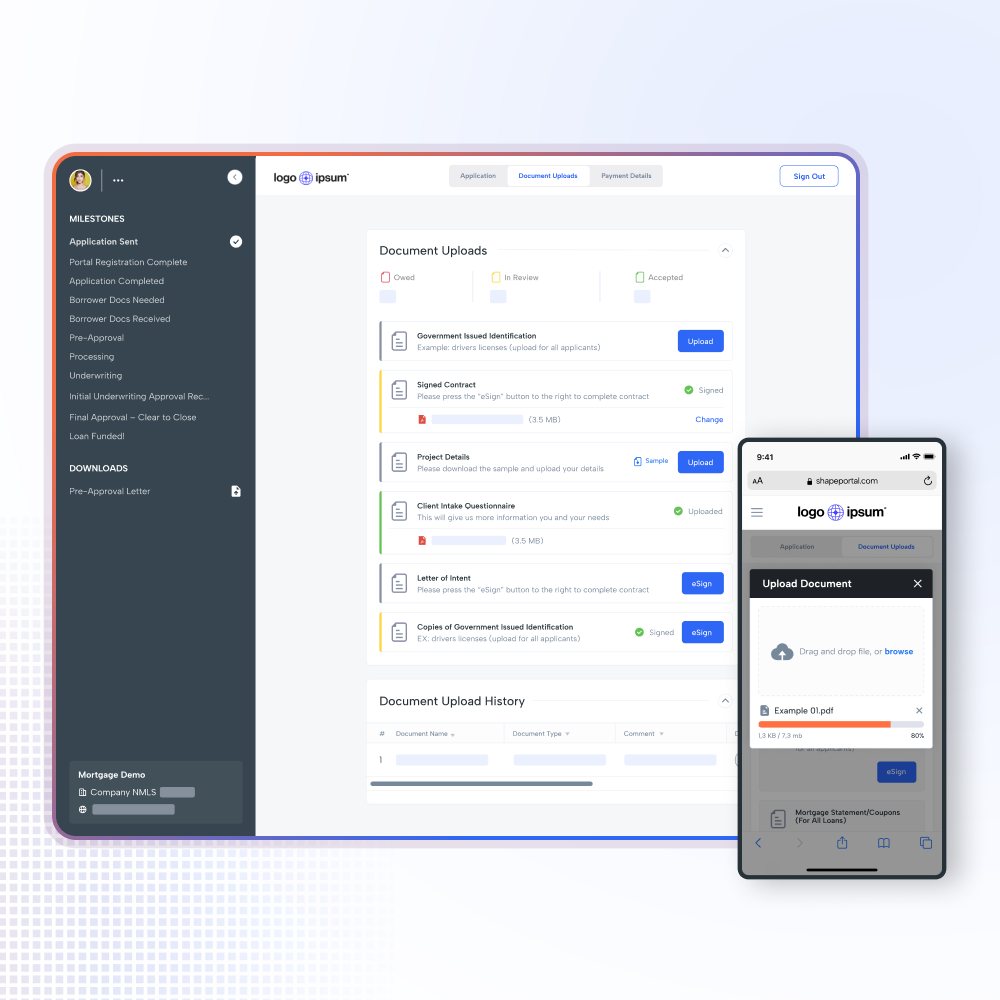 Shape customer portal document management: a document uploads checklist grouped by owed, in review and accepted, with upload and eSign actions per item, an upload history table, and the mobile portal showing a drag-and-drop upload in progress.