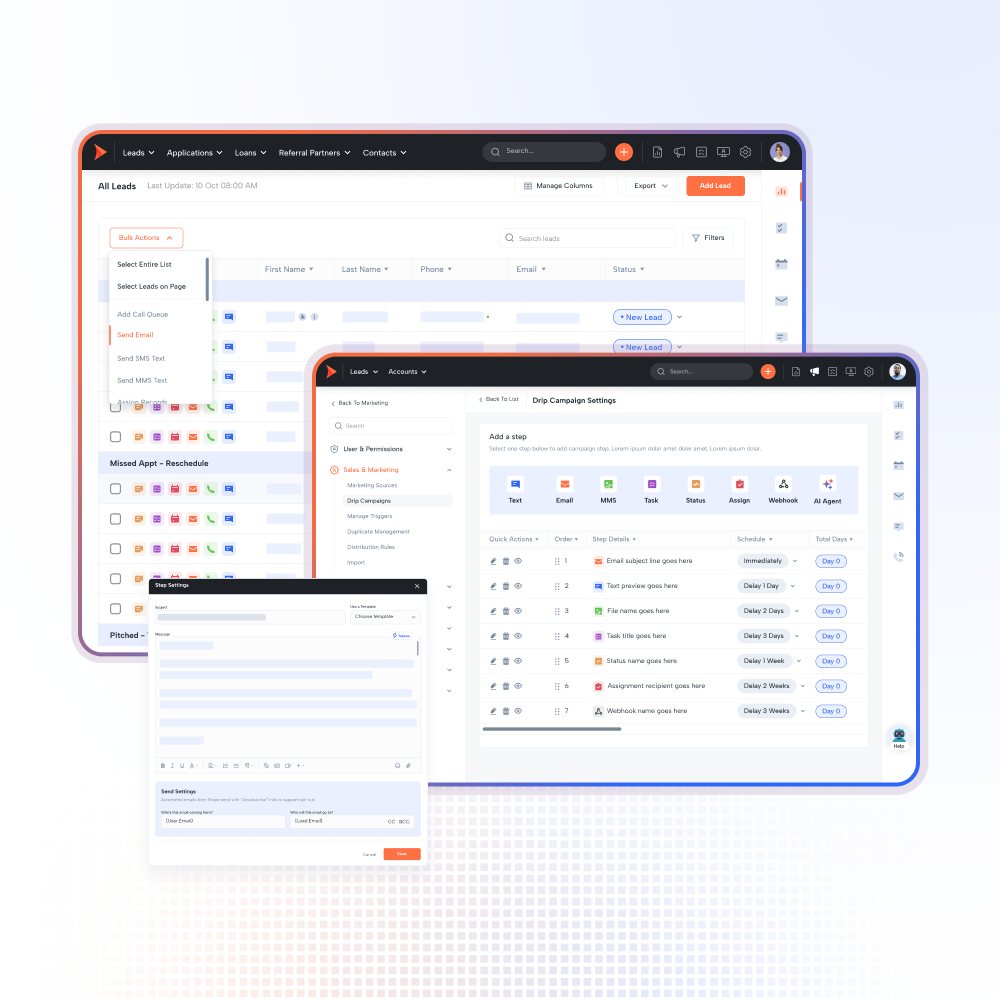 Shape drip campaigns: a campaign settings screen sequencing text, email, MMS, task, status, assignment and webhook steps with per-step delays from immediate to three weeks, plus a step editor for composing the message.