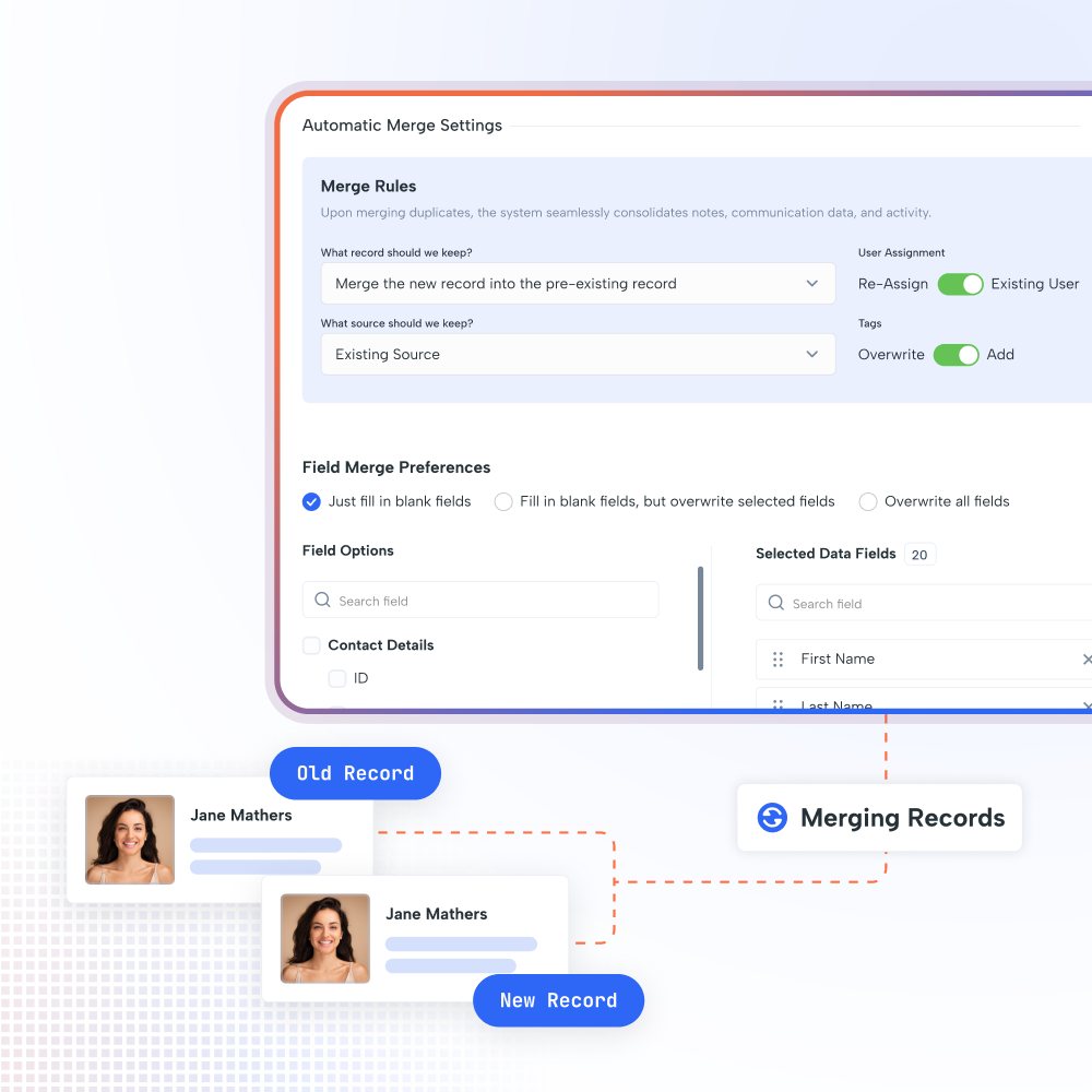 Shape duplicate management: an Automatic Merge Settings panel with merge rules for which record and source to keep, user reassignment and tag handling, field merge preferences and selected data fields, shown merging an old and new record for the same contact.