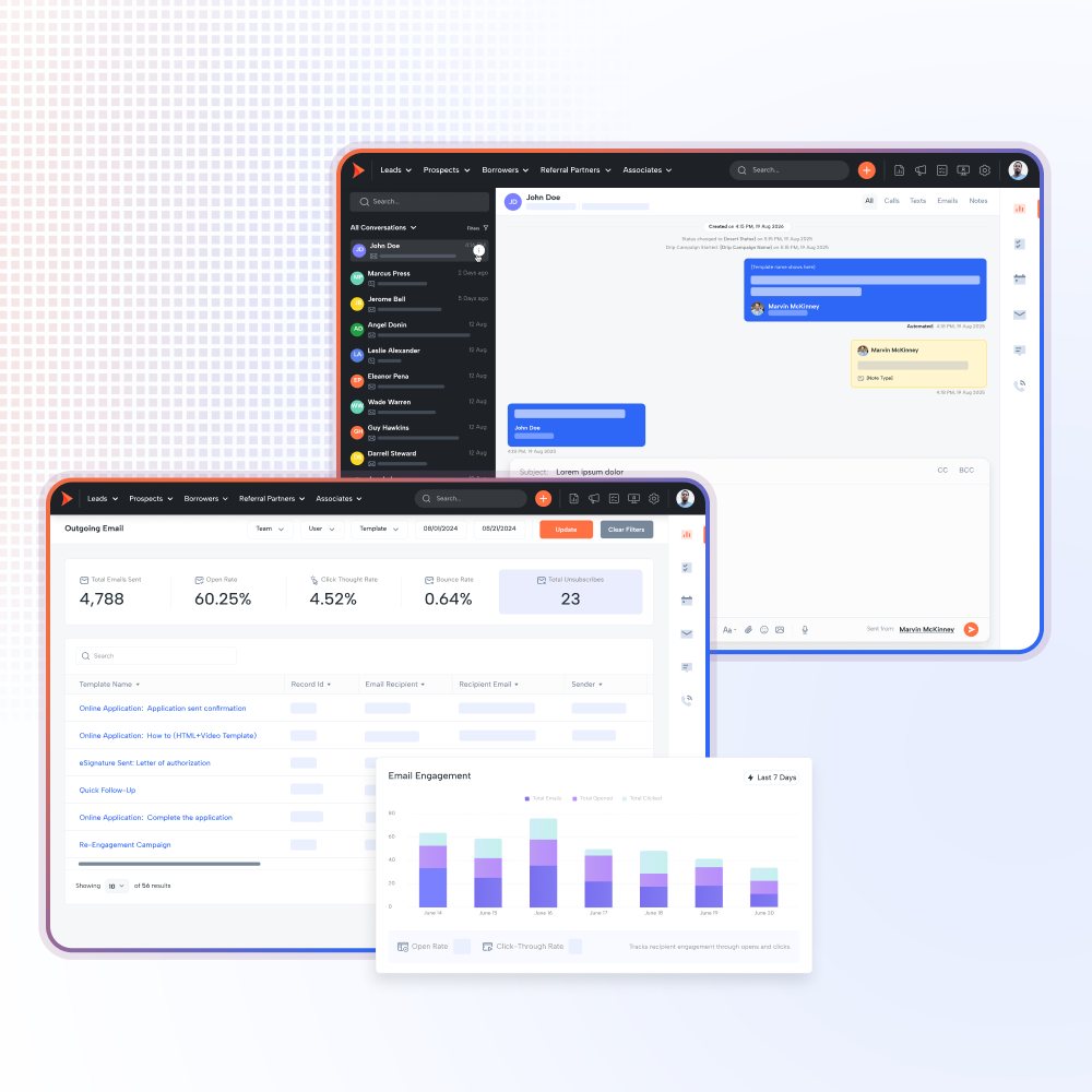 Shape email: an outgoing email report showing total sent, open rate, click-through rate, bounce rate and unsubscribes with a list of templates, an email engagement chart, and a compose window within a contact conversation thread.