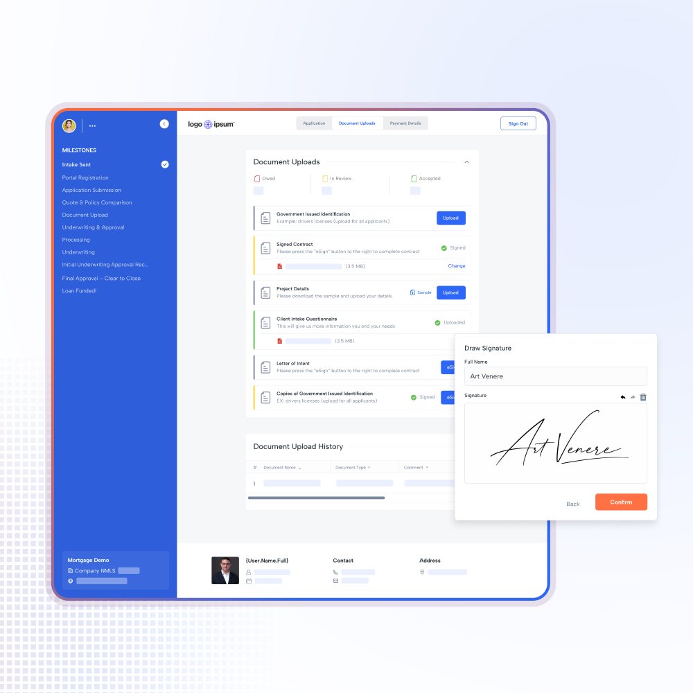 Shape customer portal e-signatures: a draw signature dialog capturing a borrower's handwritten signature for confirmation, over a document uploads list showing which contracts are already signed.