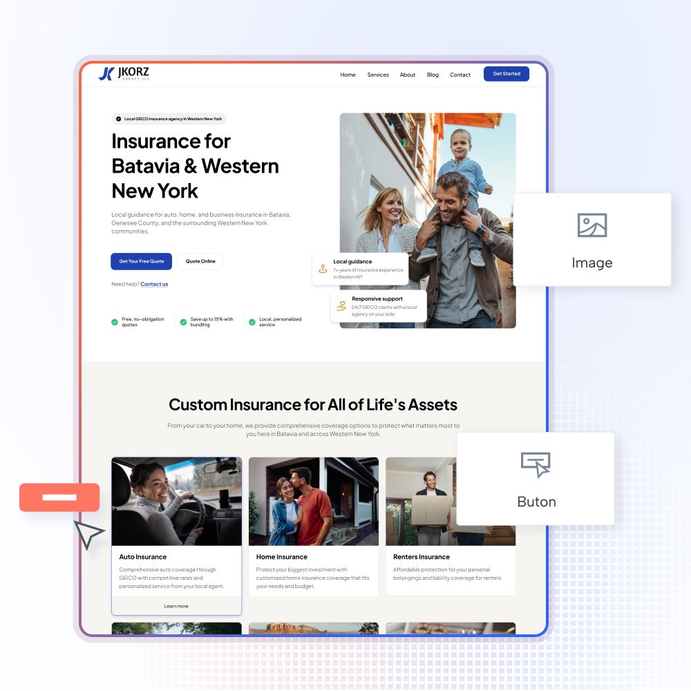 Shape landing pages: a published insurance agency landing page with hero, quote calls to action and product cards, designed and built by Shape and wired into the CRM.
