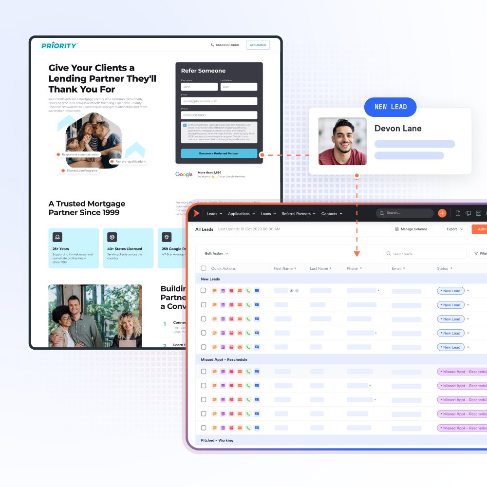 Shape lead management: a branded referral landing page capturing a new lead, which appears as Devon Lane and flows into the All Leads table grouped by status.