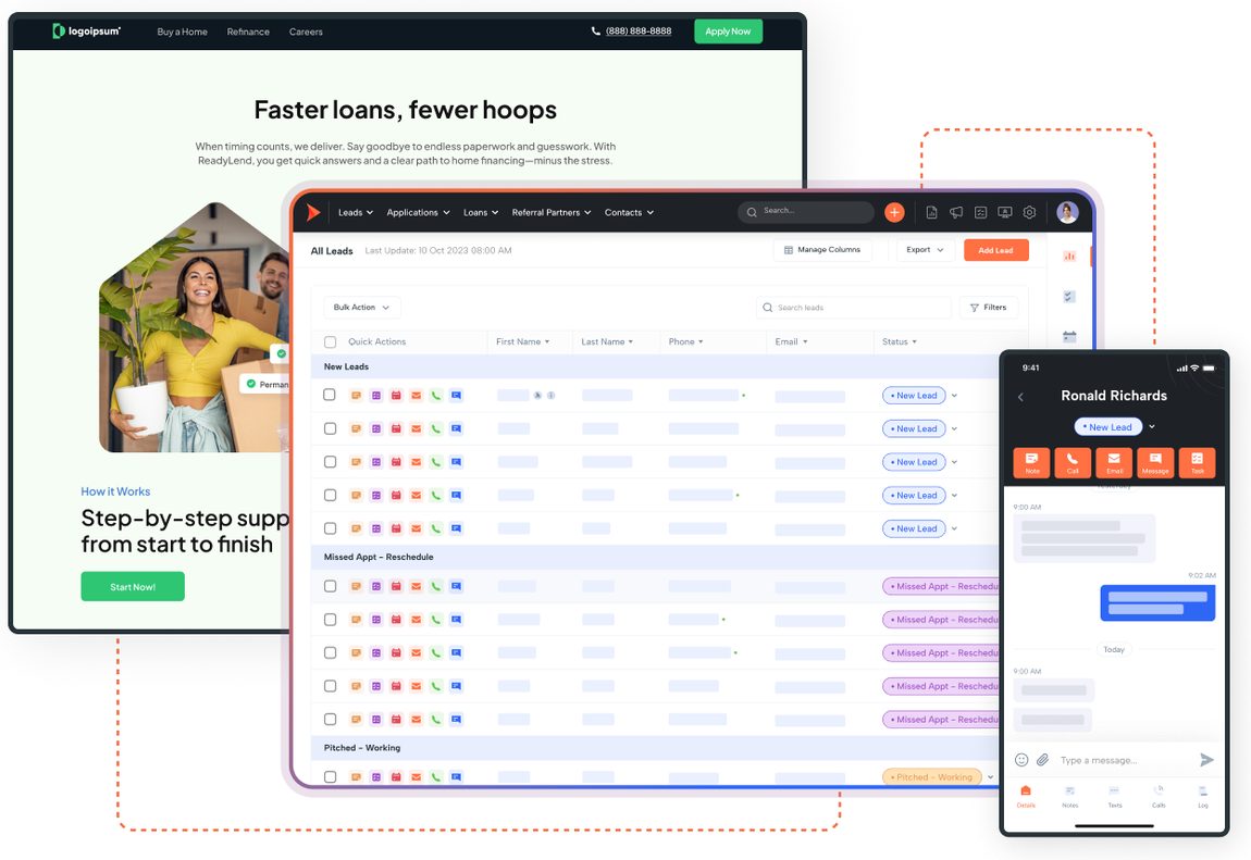 Shape CRM lead management table grouped by status, behind a branded mortgage landing page and the Shape mobile app showing a lead conversation.