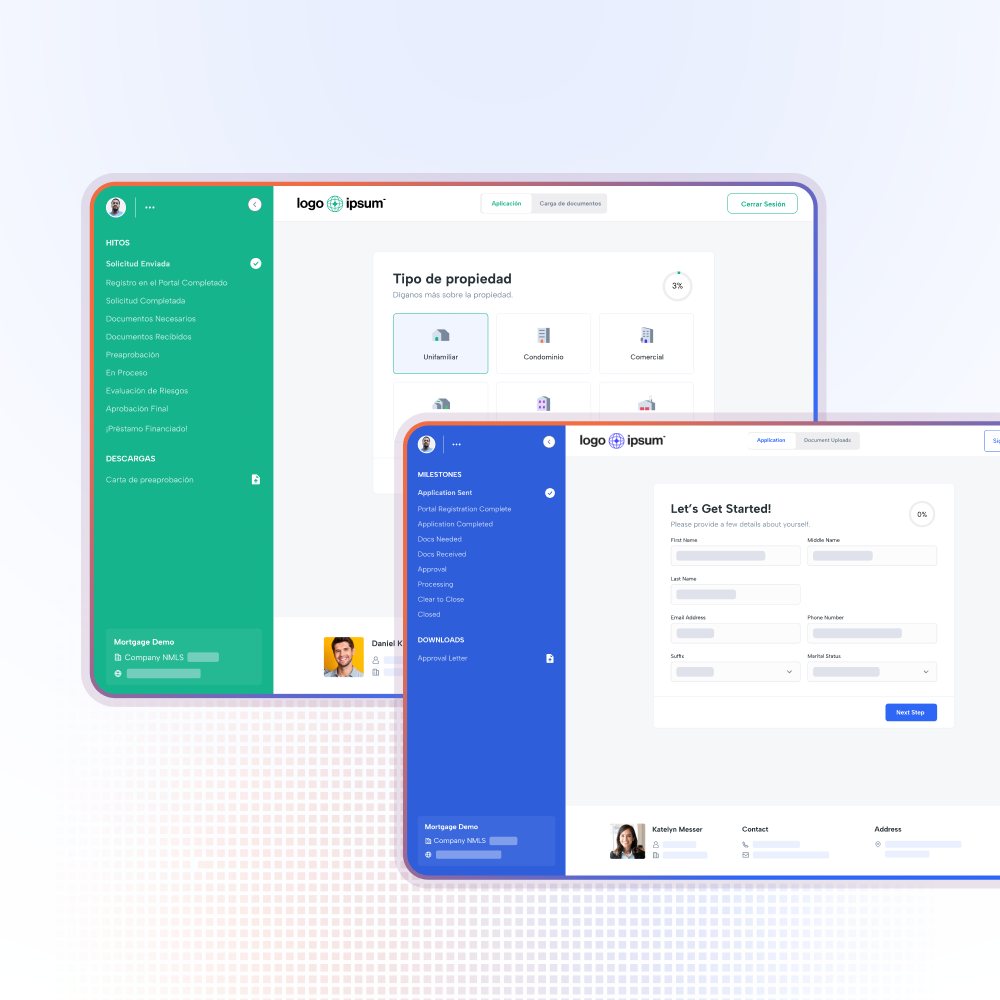 Shape customer portal online applications: a borrower application form collecting personal details with a progress indicator and milestone sidebar, shown alongside a Spanish-language version of the same portal selecting a property type.
