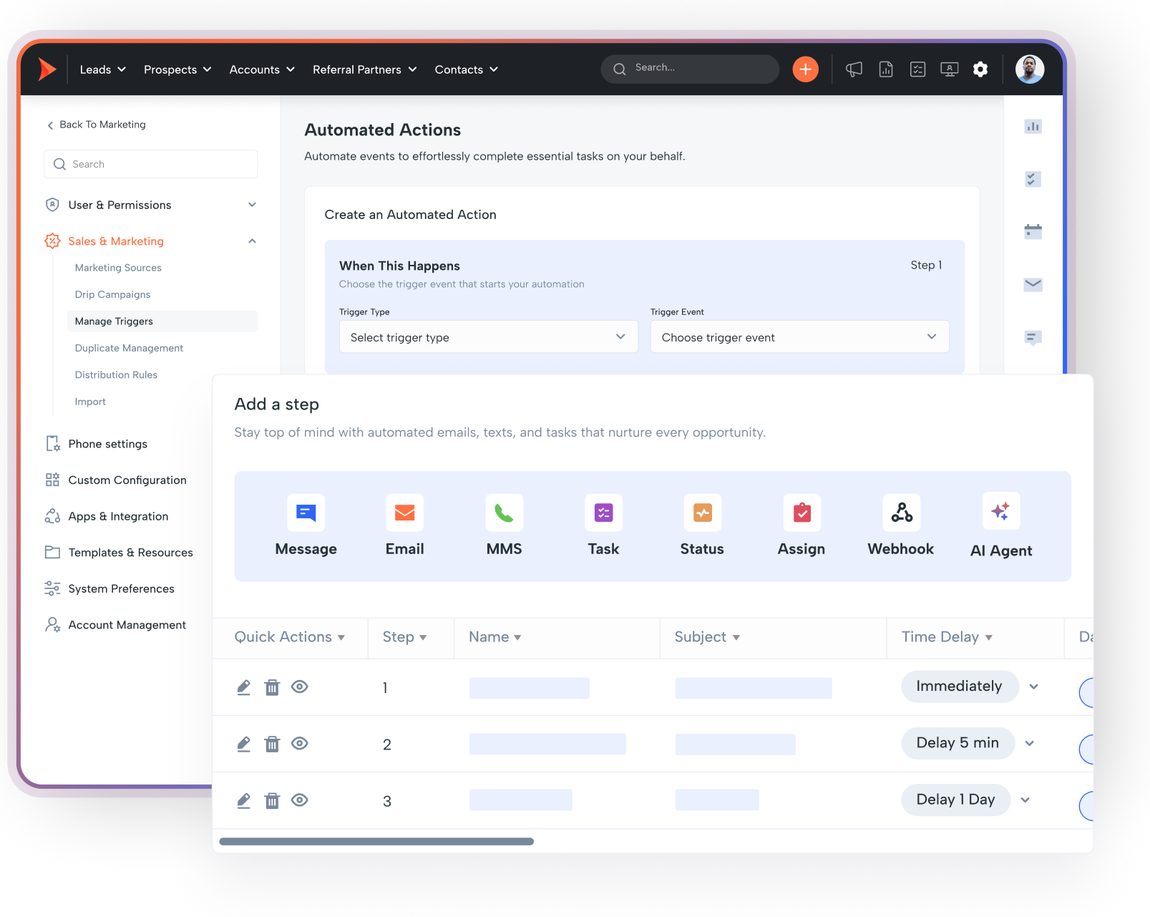 Shape CRM automation settings: the Automated Actions builder with a trigger step, and an Add a step panel offering message, email, MMS, task, status, assign, webhook and AI agent actions with time delays.