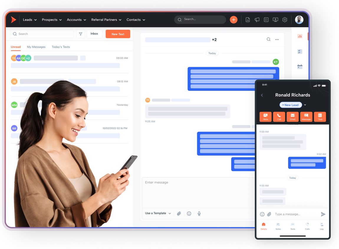 Shape CRM texting inbox with a threaded SMS conversation open, alongside the Shape mobile app showing the same lead's message history.