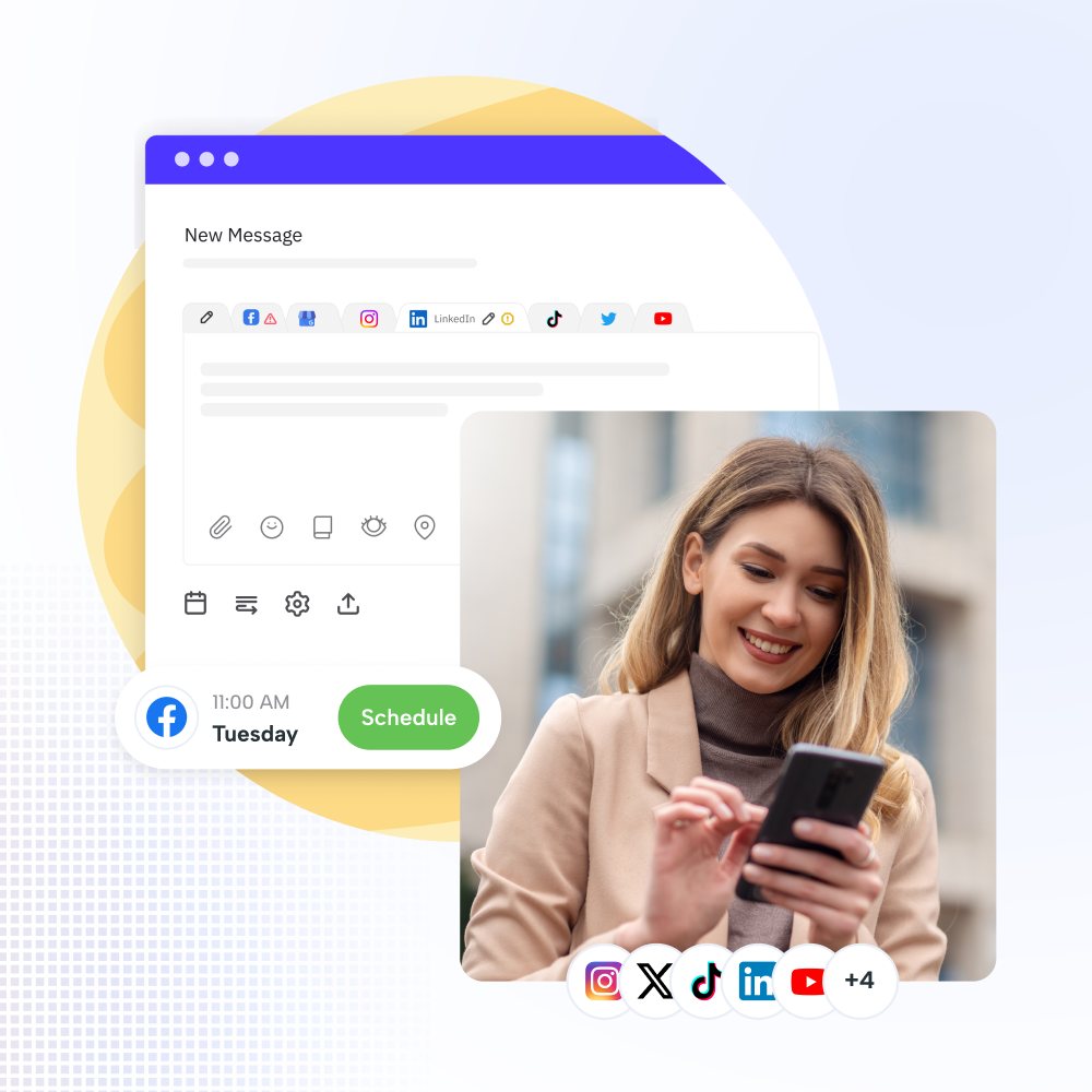 Shape social media management: a post composer with tabs for Facebook, Instagram, LinkedIn, TikTok, X and YouTube, attachment and scheduling controls, and a scheduled Facebook post set for Tuesday at 11am.