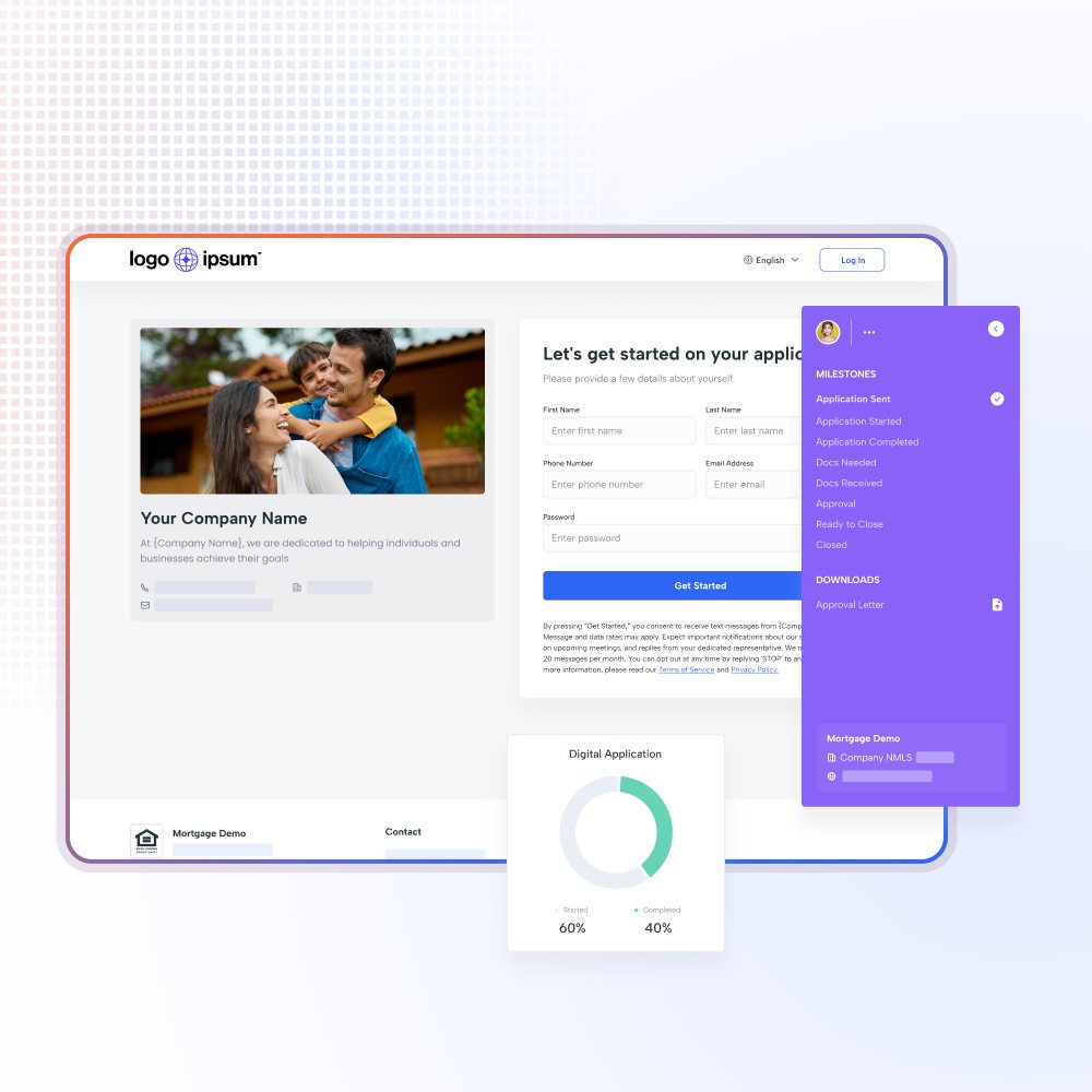 Shape customer portal status tracking: a branded borrower sign-up page beside a milestones sidebar marking progress from application sent through docs, approval and closing, with a digital application chart comparing started and completed rates.