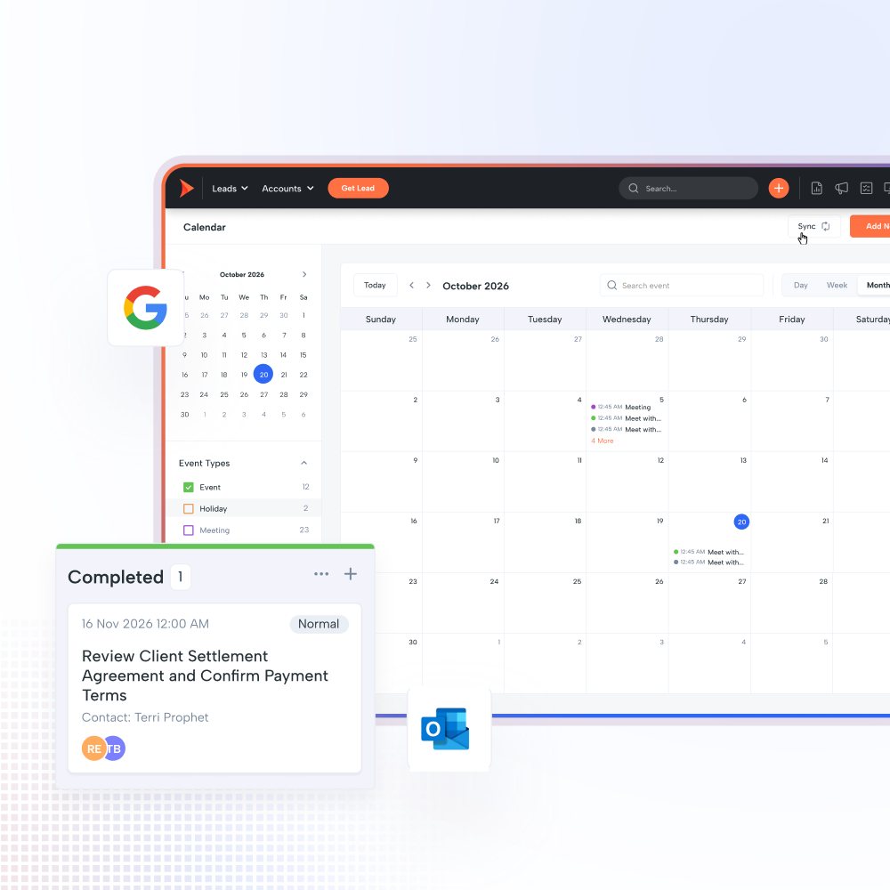 Shape task automation: a CRM calendar synced with Google and Outlook showing scheduled meetings and events by month, with an automatically completed task card logged against a contact.
