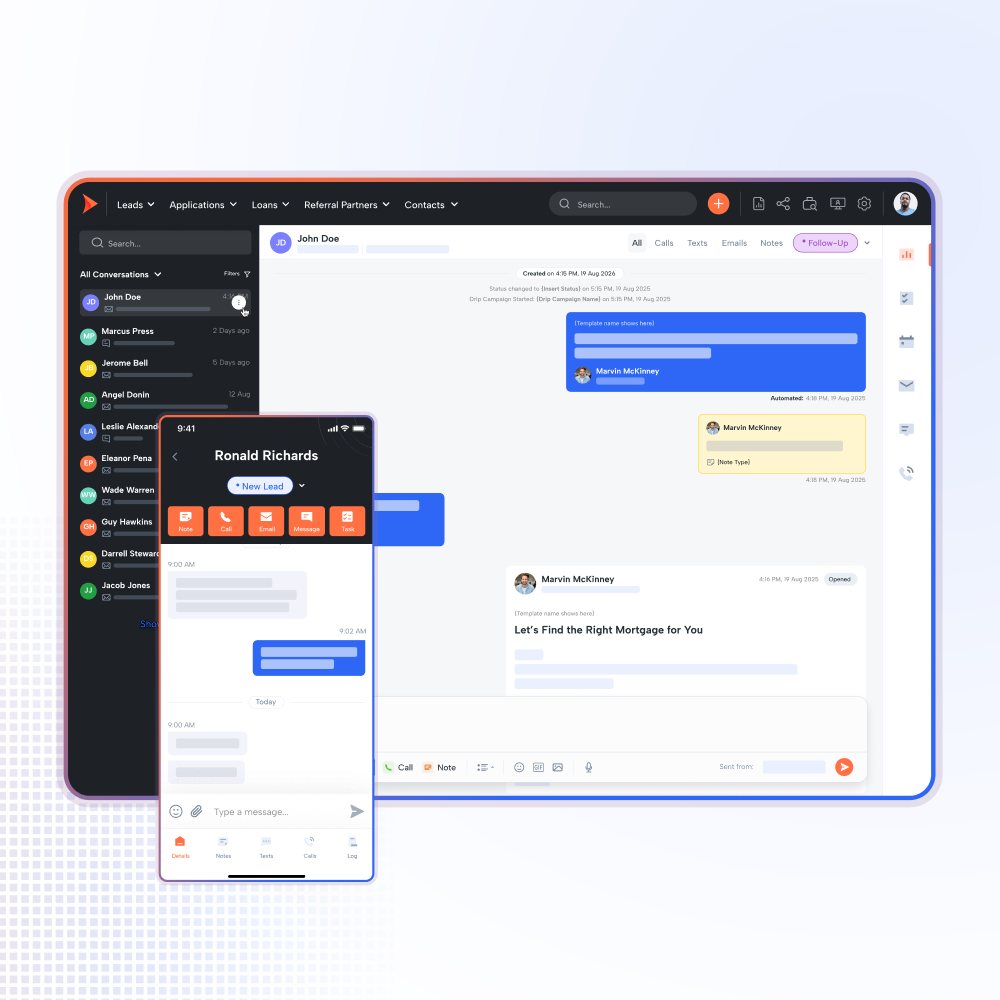 Shape text messaging: a unified conversation list with a threaded exchange for a contact showing automated drip campaign messages, notes and an email template, alongside the mobile app open on the same conversation.