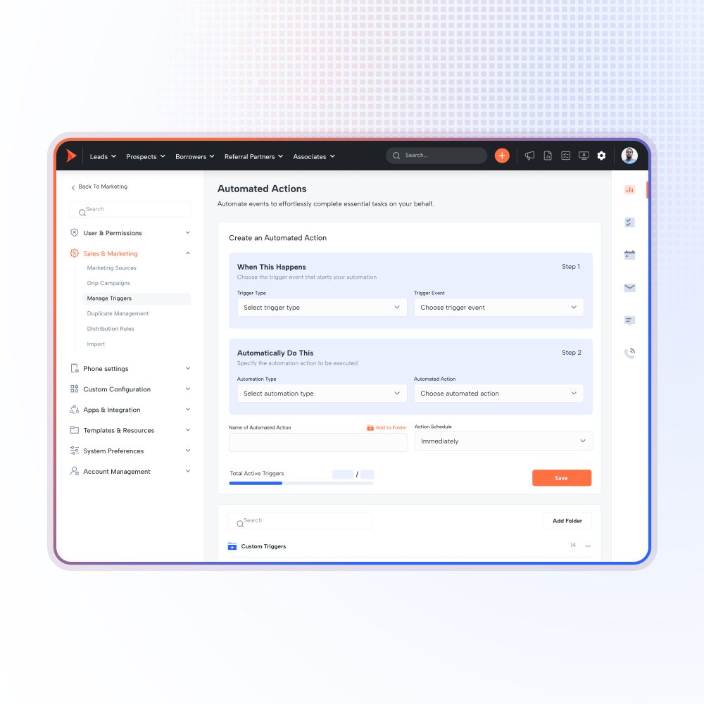 Shape trigger based actions: the automated actions builder pairing a trigger event with an action to execute, named and scheduled to run immediately, with a count of active triggers and folders of custom triggers.