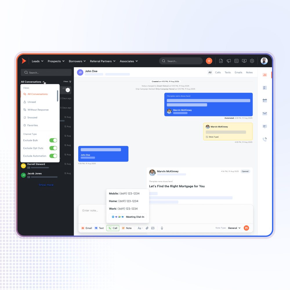 Shape unified inbox: a conversation list with view filters for unread, without response, snoozed and favourites plus channel-type toggles, next to a single thread combining automated messages, notes and email in one timeline with call, text, email and note actions.