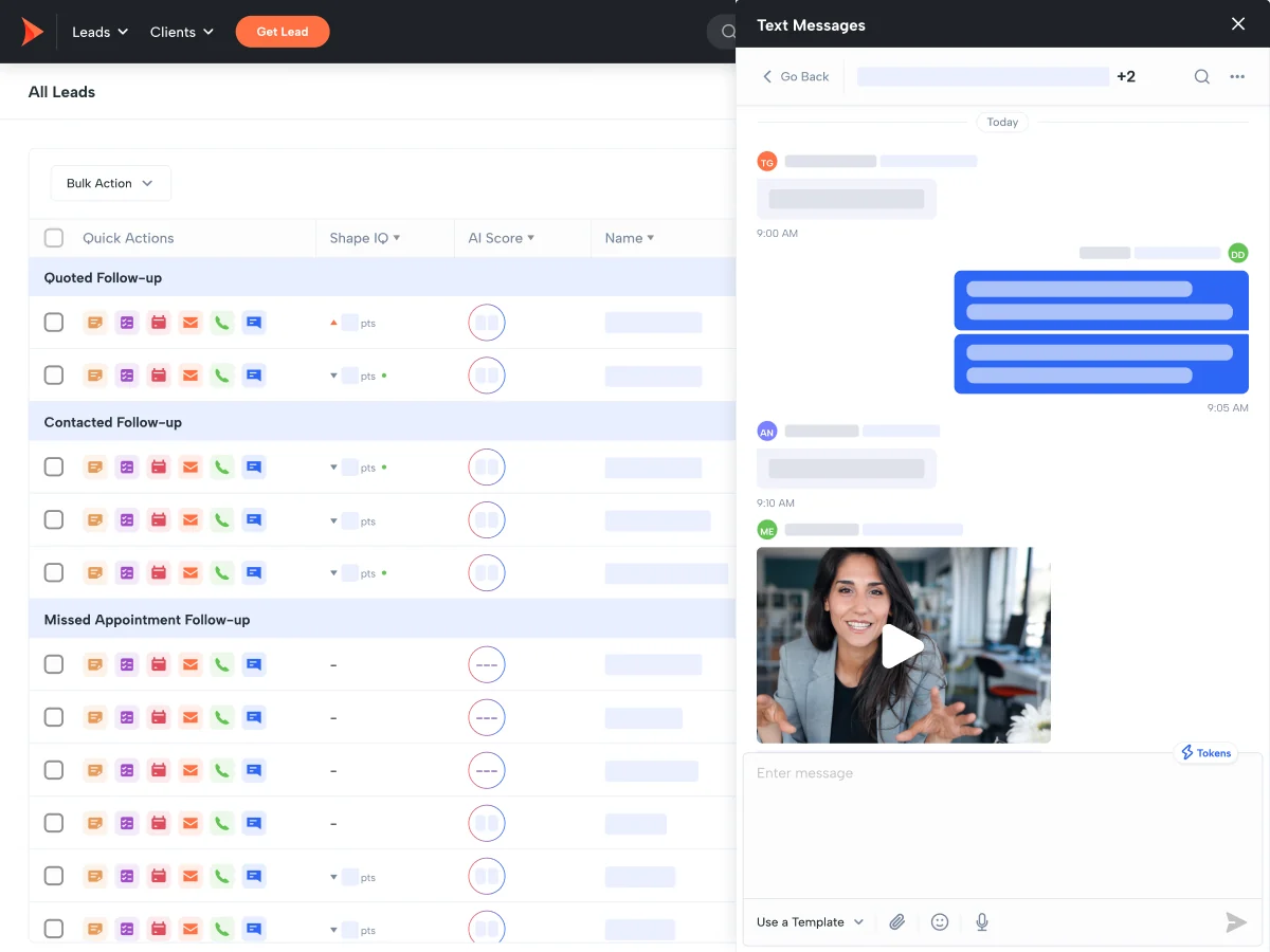 Shape CRM all-leads list grouped by follow-up stage with Shape IQ and AI scores, beside a text messaging panel showing a conversation with a video message.