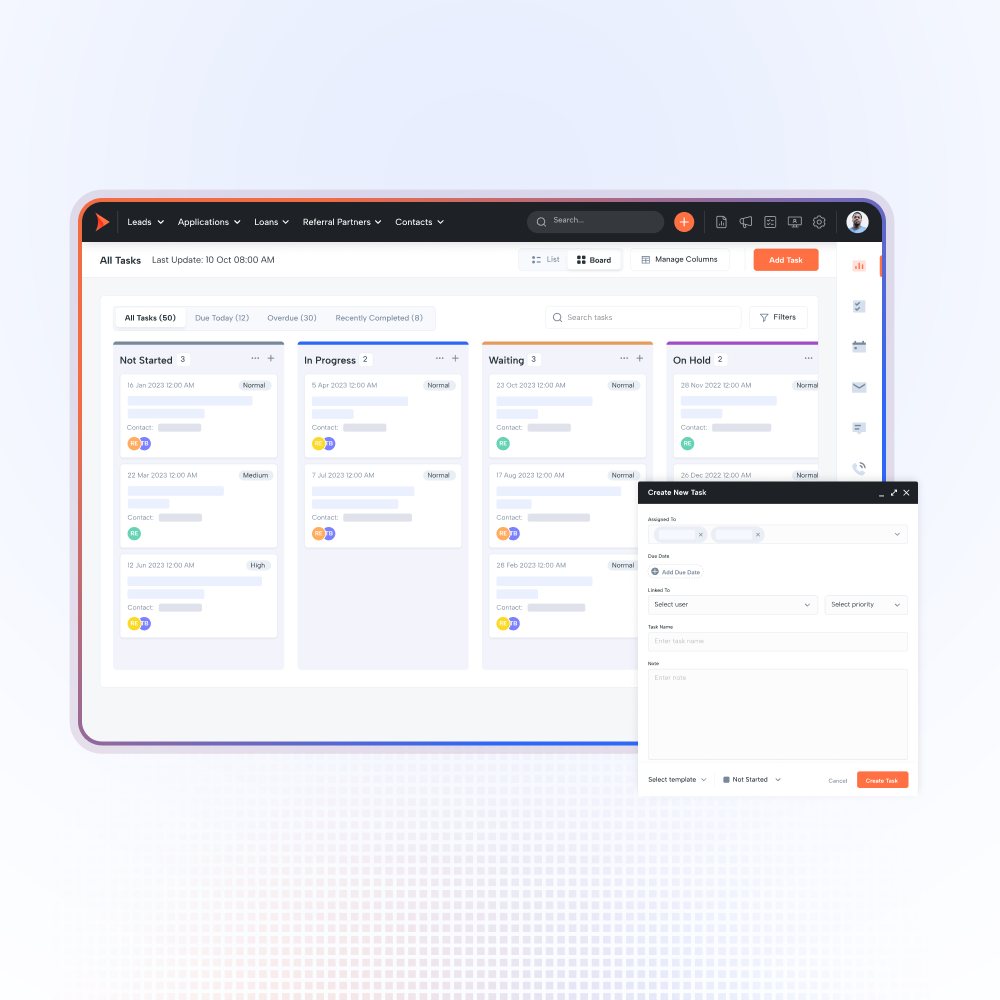 Shape workflows: an all-tasks board with work moving across not started, in progress, waiting and on hold columns, and a create-task dialog setting assignee, due date, linked record, priority and template.
