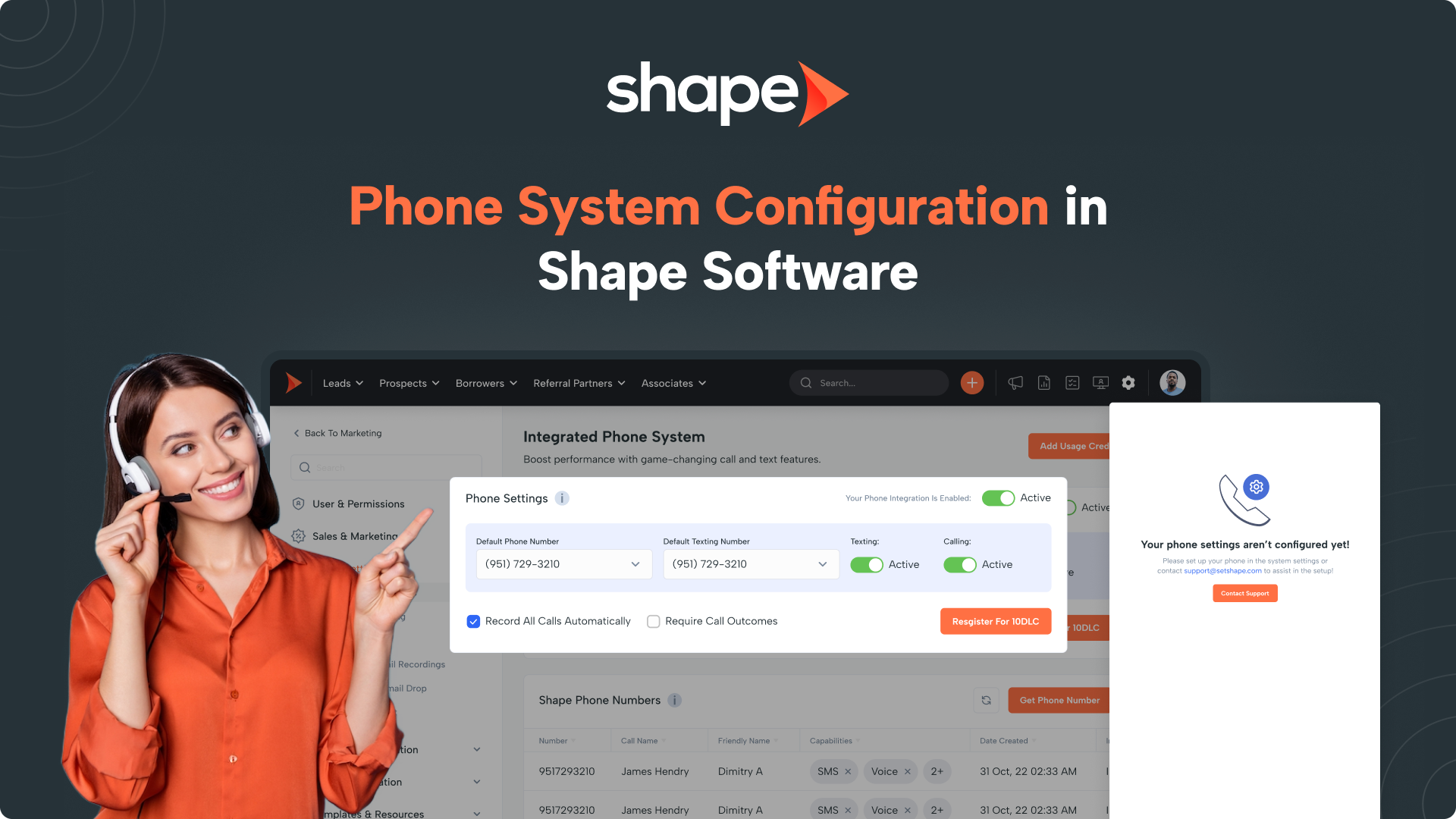 Hero banner for Shape Software: 'Phone System Configuration' headline with a smiling woman wearing a headset on the left and a dark dashboard mockup in the background.