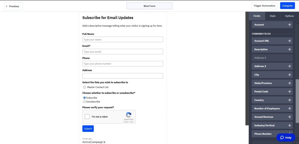 Active Campaign Form Creator