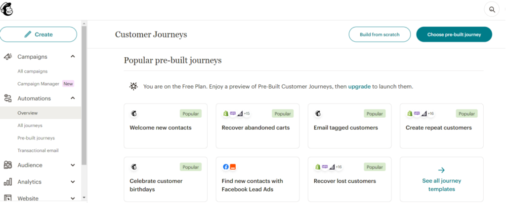 Mailchimp customer journey template selection page