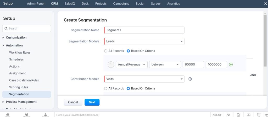 ZOHO CRM - Leads segmentation tool