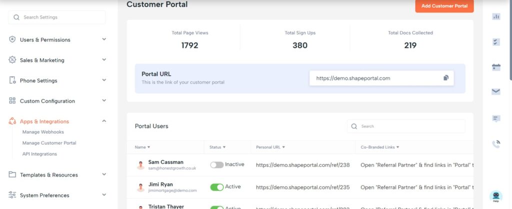 Shape CRM customer portal