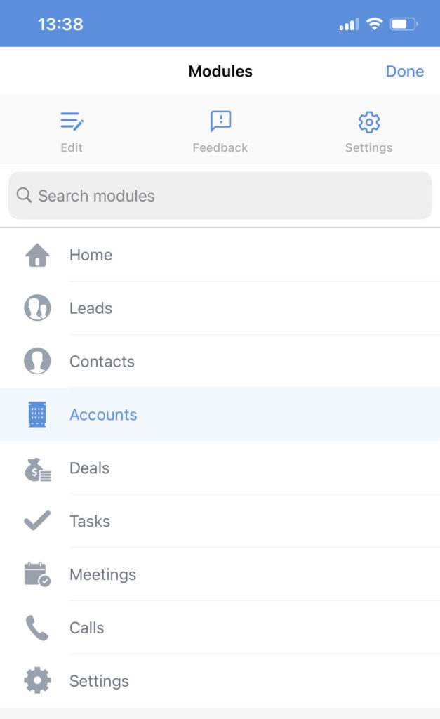 Zoho Mobile CRM account management view