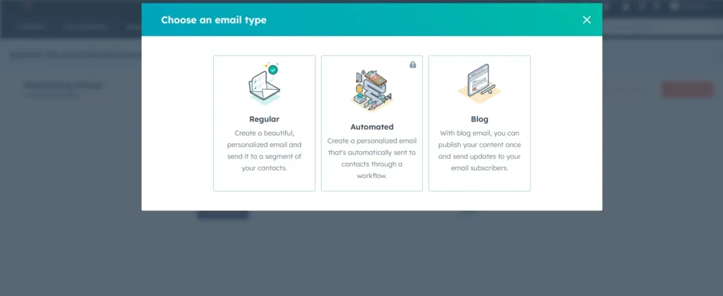 HubSpot email type selection screen