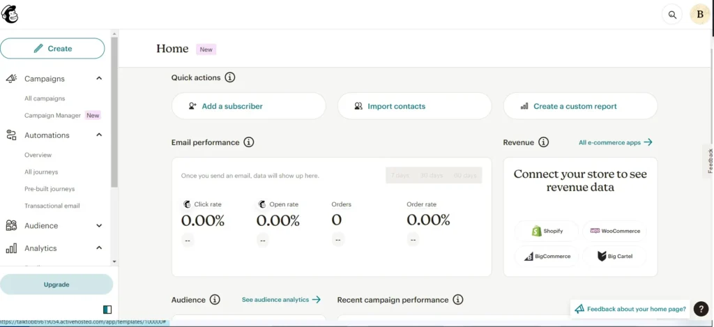 mailChimp home page with quick actions and snapshot of email performance