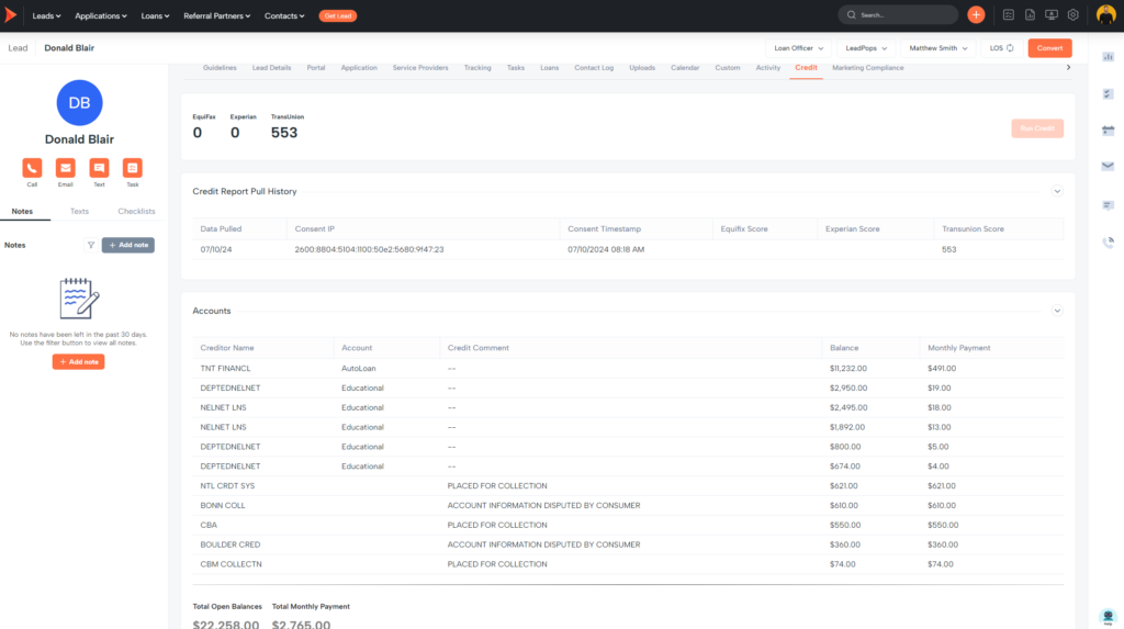 Shape Software interface displaying the credit pull history and option, enabling credit report access and analysis for client evaluations.