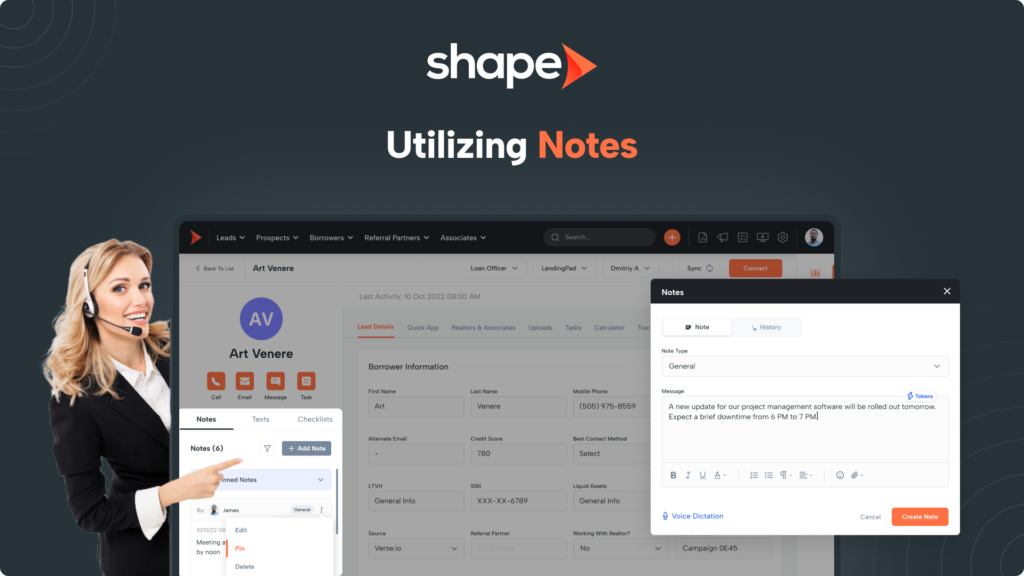 Shape Software interface showing the notes section, supporting detailed client interaction tracking and information management.