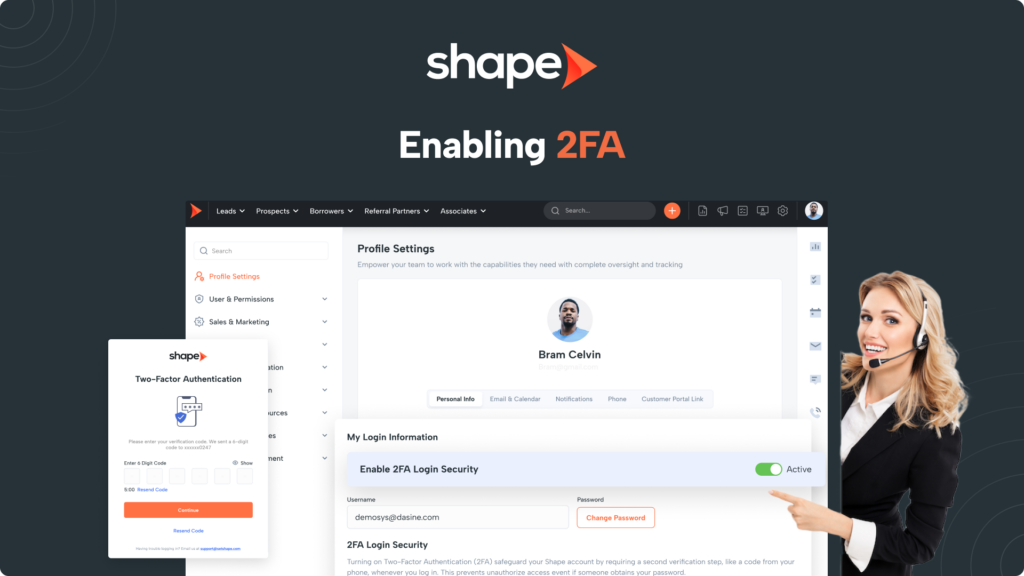 Shape Software interface for setting up two-factor authentication, adding an extra layer of security.