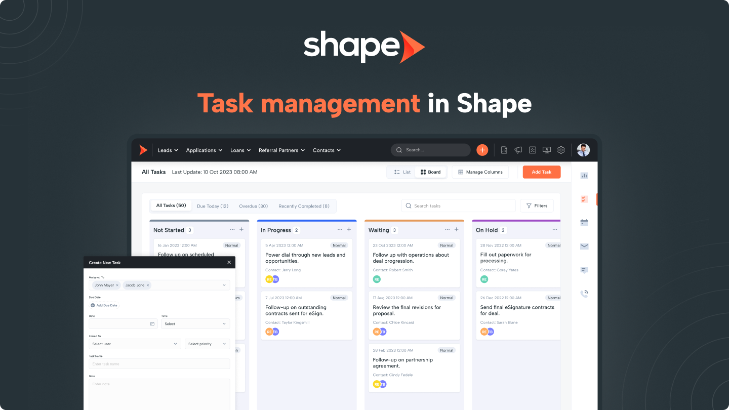 Shape task management interface showing Kanban board view with task statuses, filters, and options to create and manage tasks efficiently.