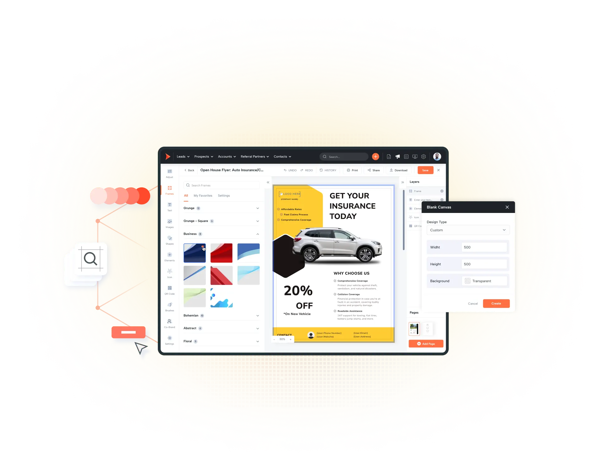 Image showcasing Shape Software CRM's CMS easy editor with access to royalty-free images and ready-to-use templates for creating professional designs.