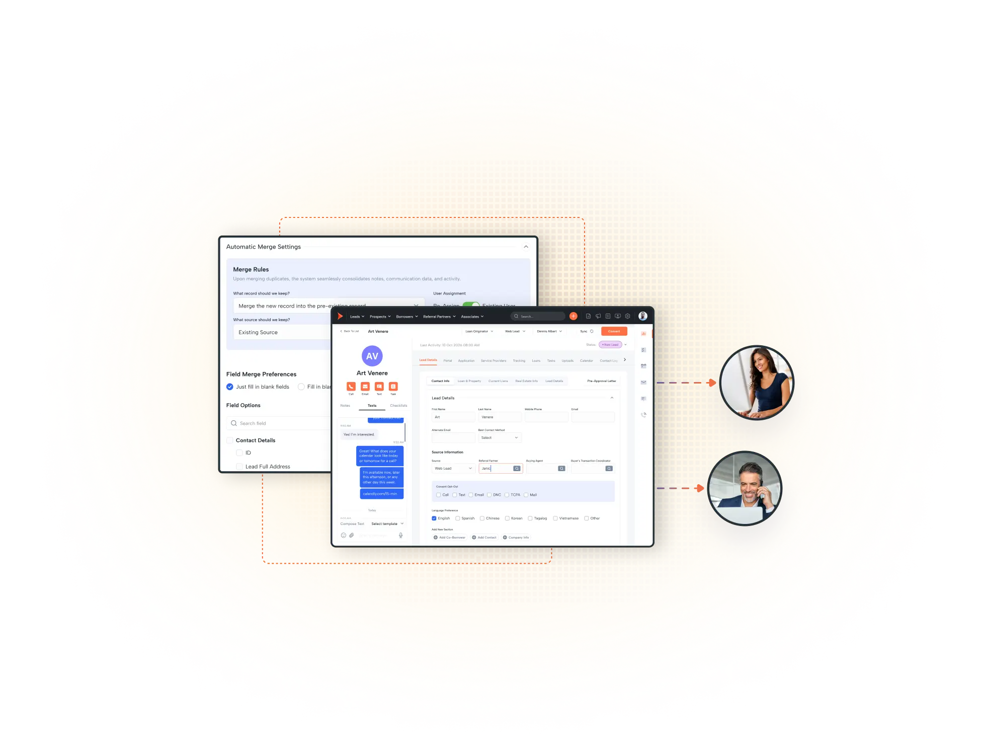 Image showcasing Shape Software's lead management capabilities, including duplicate management, automated round-robin assignment, and QuickFire call distribution for fast and precise lead handling.