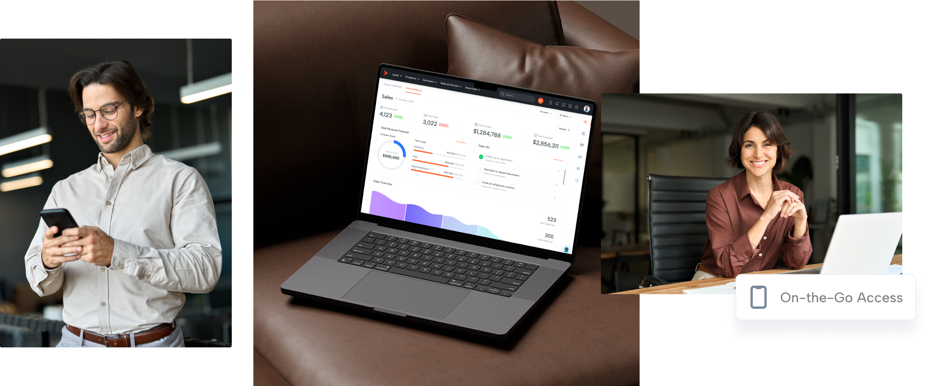 A man uses a smartphone with Shape CRM software, while a woman smiles by mortgage CRM analytics.