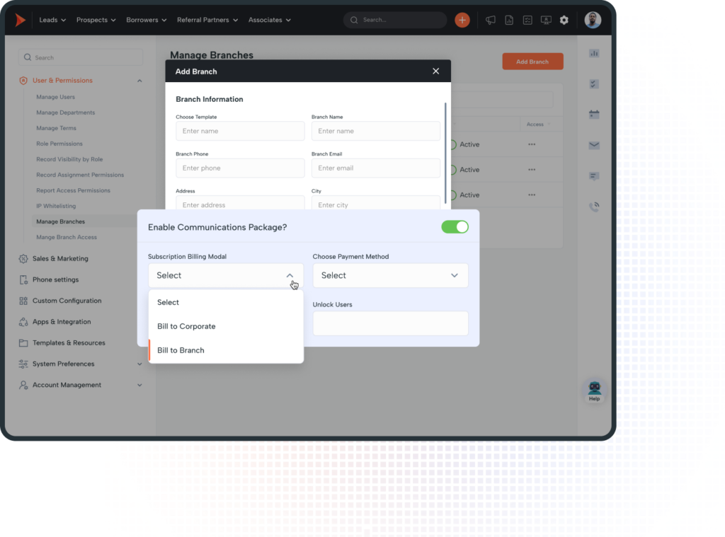A Shape CRM interface displaying billing and branch setup for mortgage CRM users.