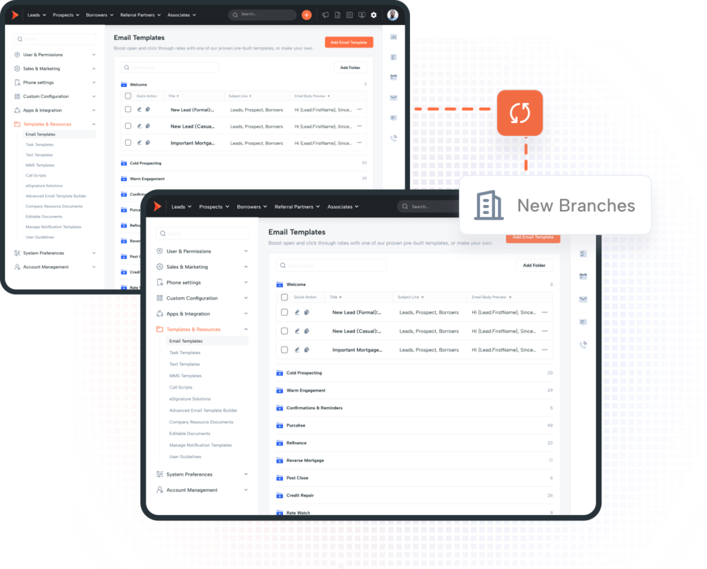 Two CRM interface windows with email templates, sync icon, and mortgage CRM tools.