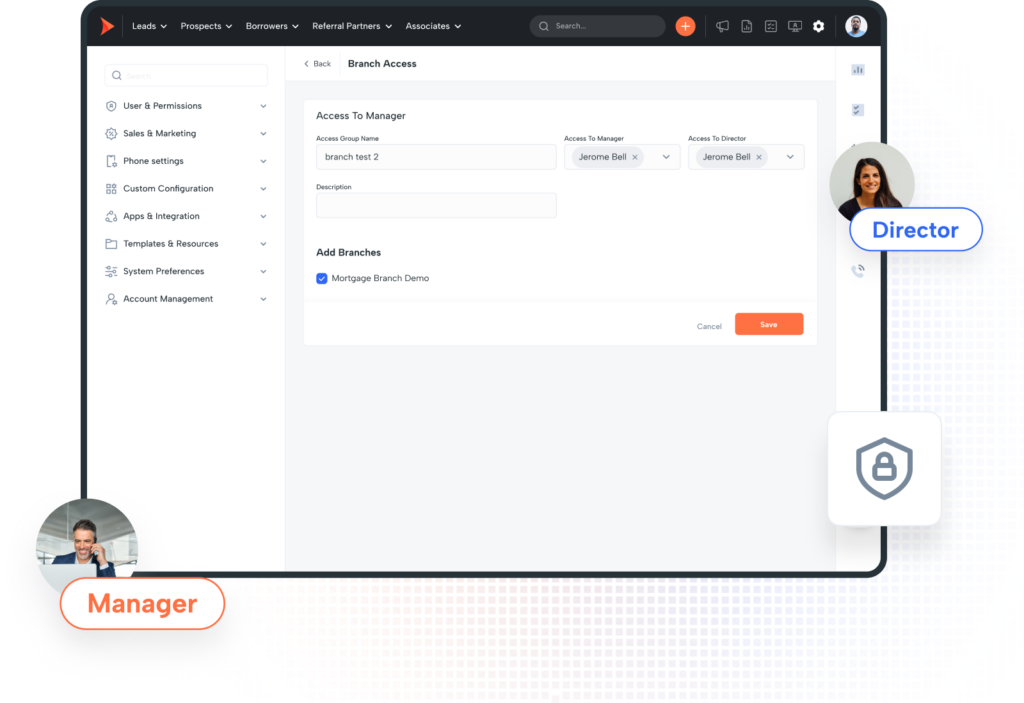 A web UI shows branch access in a mortgage CRM for loan officers and managers.