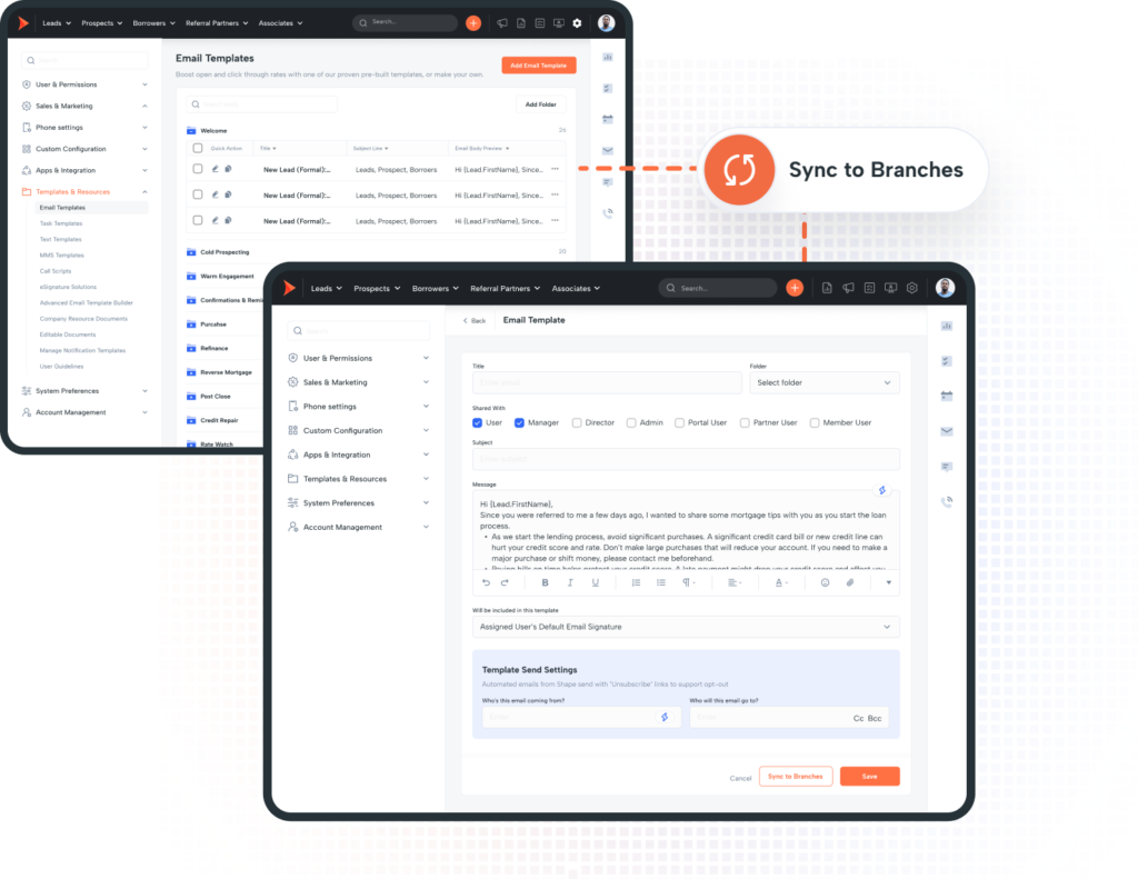 Screenshot of Shape CRM’s email template manager for loan officer and mortgage teams.