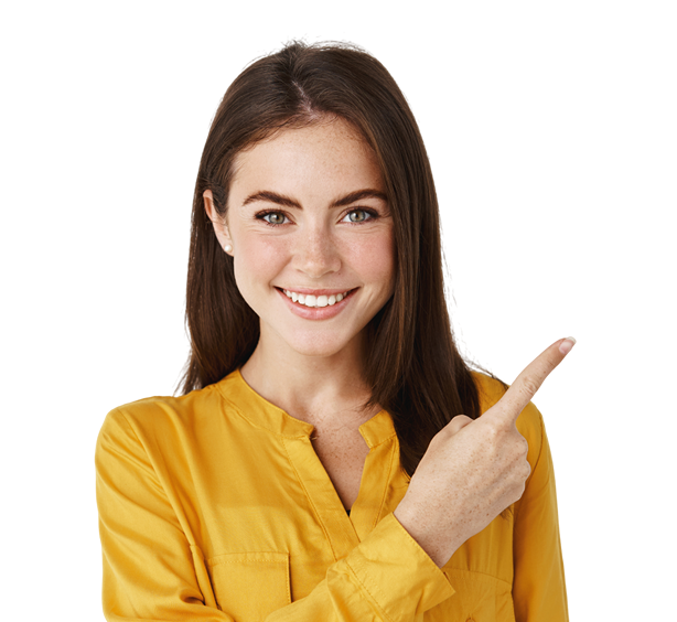 Smiling woman in yellow points right, promoting Shape CRM for real estate lending.