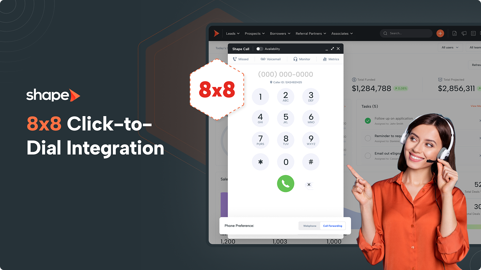 Shape 8x8 click-to-dial integration promotional banner with a phone keypad overlay and a support agent wearing a headset on the right.