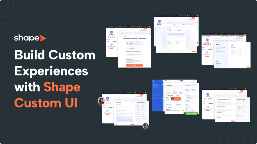 Hero banner showing the message: "Build Custom Experiences with Shape Custom UI" with multiple overlapping product screens around a dark background, promoting Shape’s UI customization.