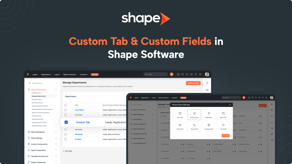 Shape Software hero banner showing 'Custom Tab & Custom Fields' title with overlapping product screens of department management and custom field editor in a dark gradient background, conveying customization features.