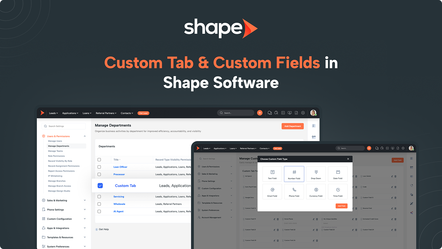 Shape Software hero banner showing 'Custom Tab & Custom Fields' title with overlapping product screens of department management and custom field editor in a dark gradient background, conveying customization features.