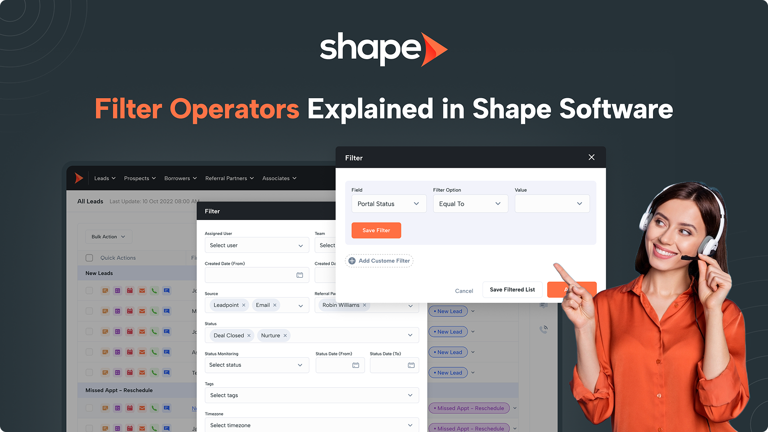 Shape Software hero: 'Filter Operators Explained in Shape Software' with a smiling headset-wearing presenter beside screenshots of the software UI.